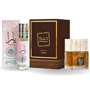 Khamrah Qahwa EDP 100ML by Lattafa & Yara Roll-On Perfume Oil CPO 10ML by Ard Al Zaafaran. (BUNDLE)